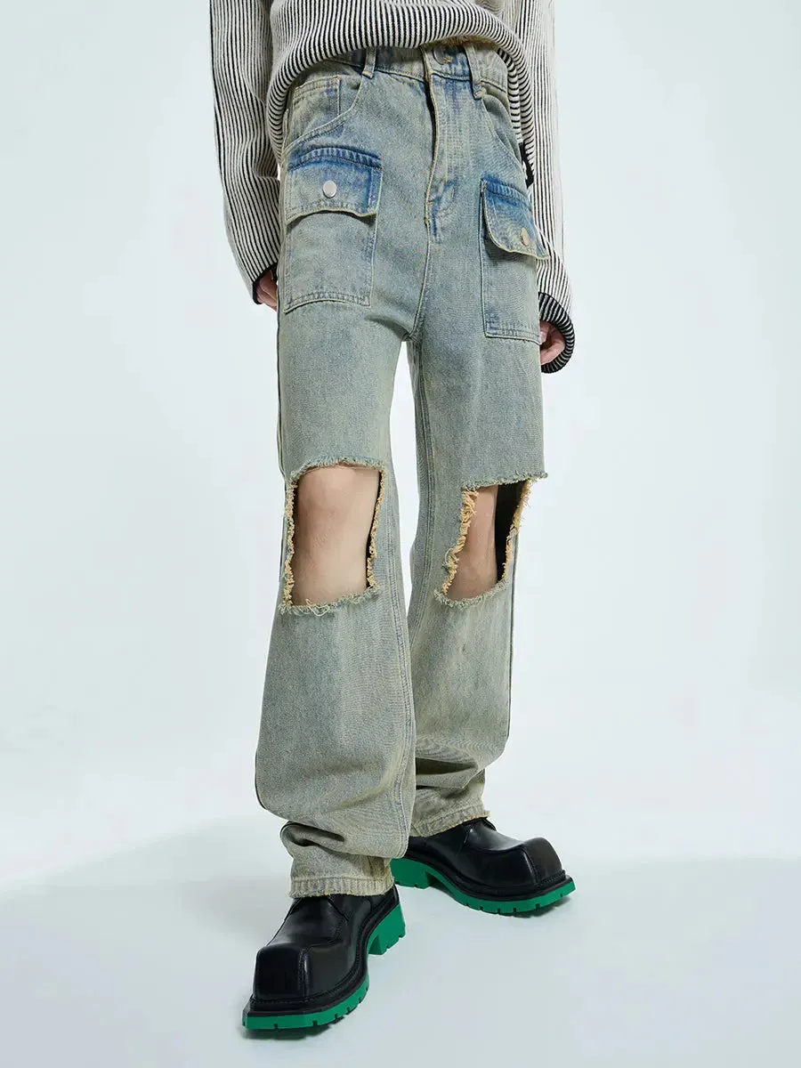 【23s September.】Raw edge ripped straight-leg jeans