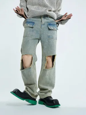 【23s September.】Raw edge ripped straight-leg jeans