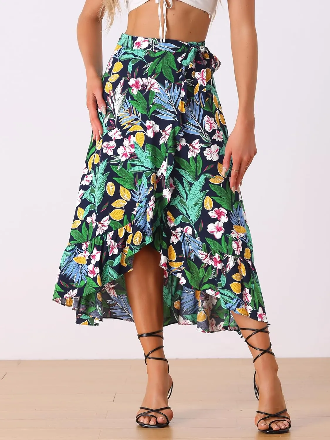 Allegra K Women's Tropical Floral Print Ruffle Self Tie Knot Split Beach Hawaiian Wrap Skirt