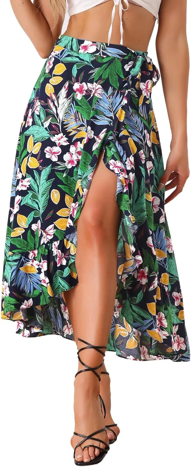 Allegra K Women's Tropical Floral Print Ruffle Self Tie Knot Split Beach Hawaiian Wrap Skirt