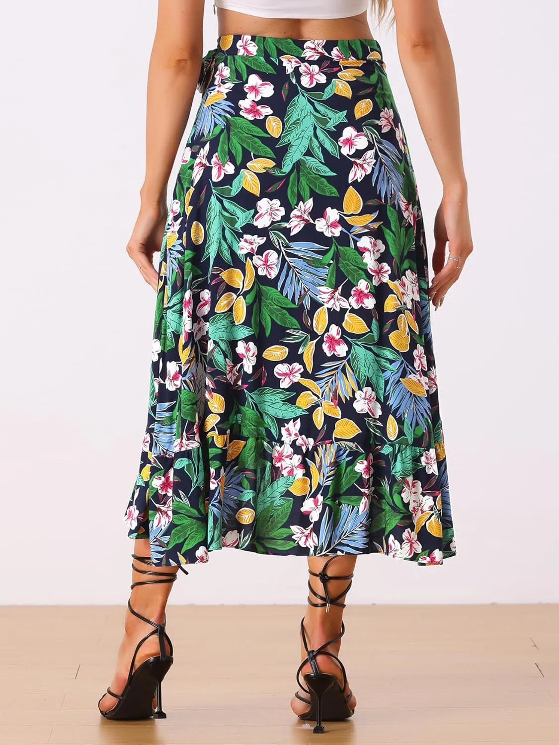 Allegra K Women's Tropical Floral Print Ruffle Self Tie Knot Split Beach Hawaiian Wrap Skirt