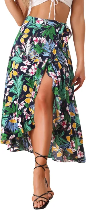 Allegra K Women's Tropical Floral Print Ruffle Self Tie Knot Split Beach Hawaiian Wrap Skirt