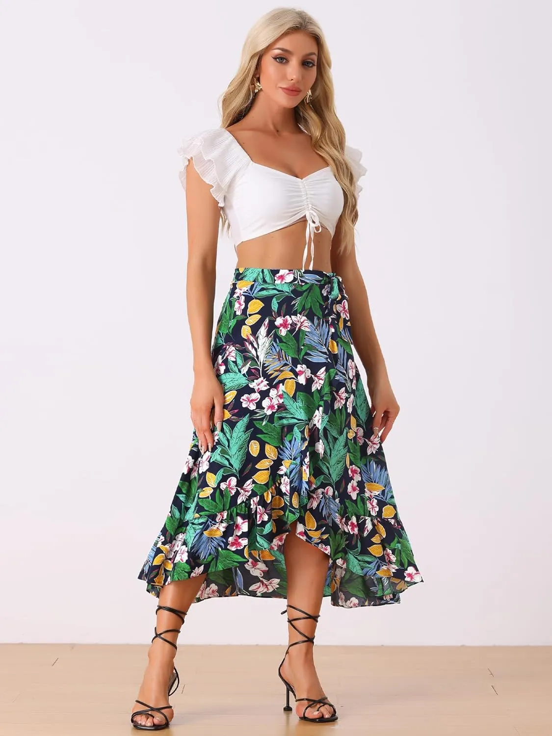 Allegra K Women's Tropical Floral Print Ruffle Self Tie Knot Split Beach Hawaiian Wrap Skirt