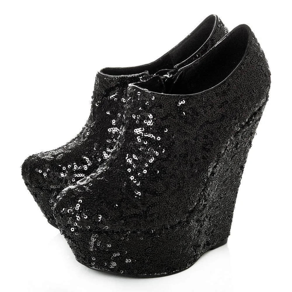 Amanda Platform Wedge High Heel Sequin All-Over Ankle Shoe Boot