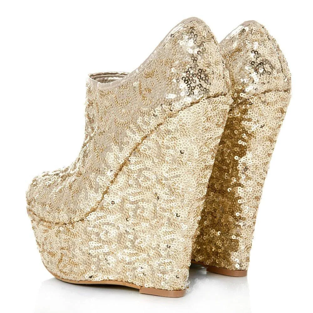Amanda Platform Wedge High Heel Sequin All-Over Ankle Shoe Boot