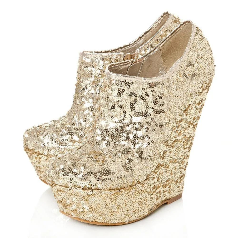 Amanda Platform Wedge High Heel Sequin All-Over Ankle Shoe Boot