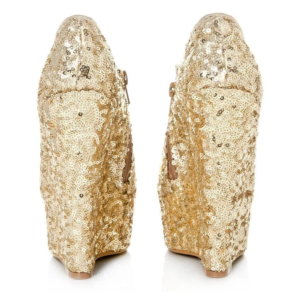 Amanda Platform Wedge High Heel Sequin All-Over Ankle Shoe Boot