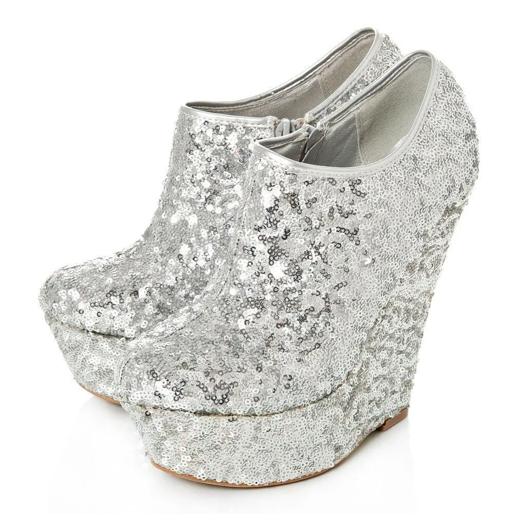 Amanda Platform Wedge High Heel Sequin All-Over Ankle Shoe Boot