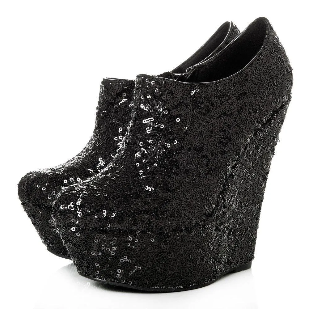 Amanda Platform Wedge High Heel Sequin All-Over Ankle Shoe Boot