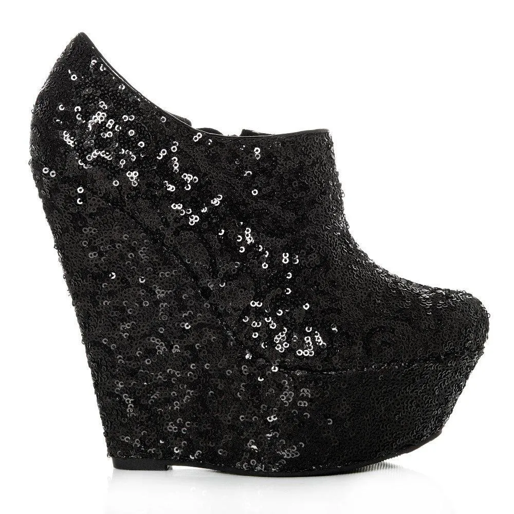 Amanda Platform Wedge High Heel Sequin All-Over Ankle Shoe Boot