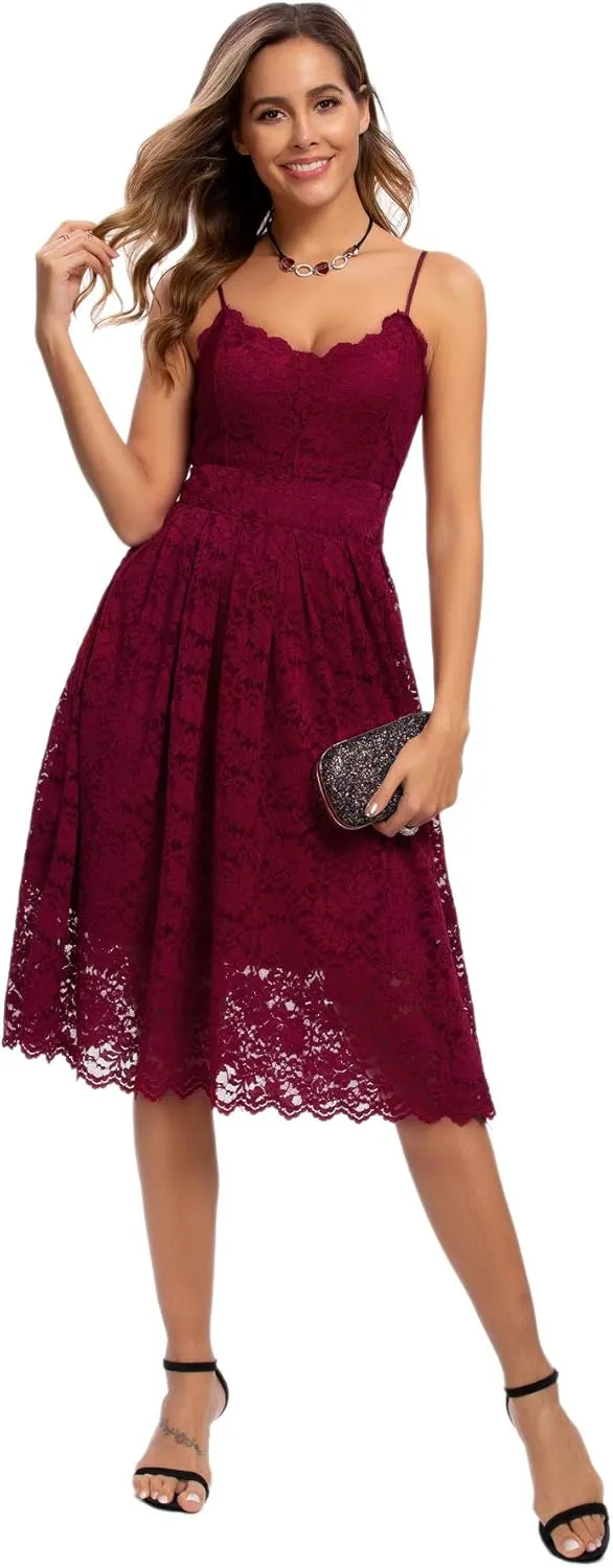 Atnlewhi Womens Spaghetti Strap V Neck Sleeveless A Line Lace Dresses for Evening Cocktail Formal Wedding Guest