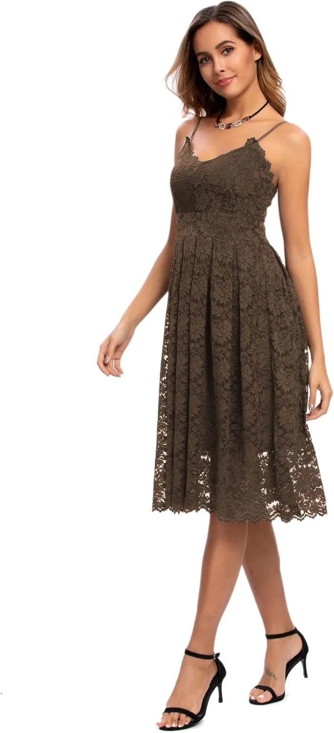 Atnlewhi Womens Spaghetti Strap V Neck Sleeveless A Line Lace Dresses for Evening Cocktail Formal Wedding Guest