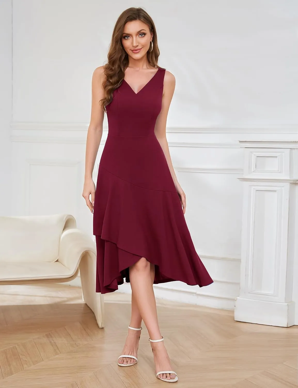 Aupuls Women Midi Cocktail Dresses V Neck High Low Formal Party Evening Wedding Guest Dresses