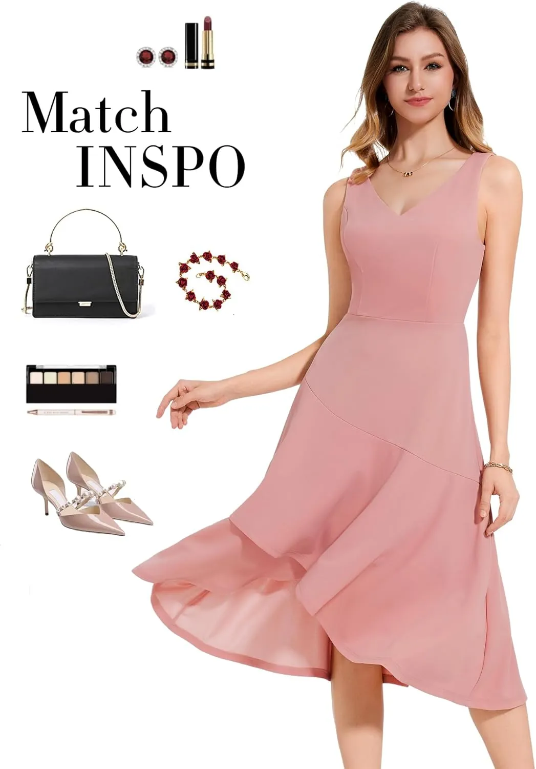 Aupuls Women Midi Cocktail Dresses V Neck High Low Formal Party Evening Wedding Guest Dresses