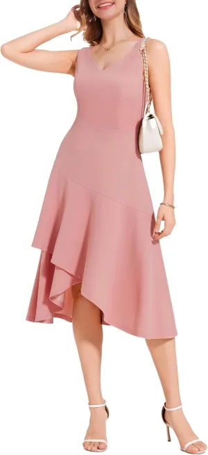 Aupuls Women Midi Cocktail Dresses V Neck High Low Formal Party Evening Wedding Guest Dresses