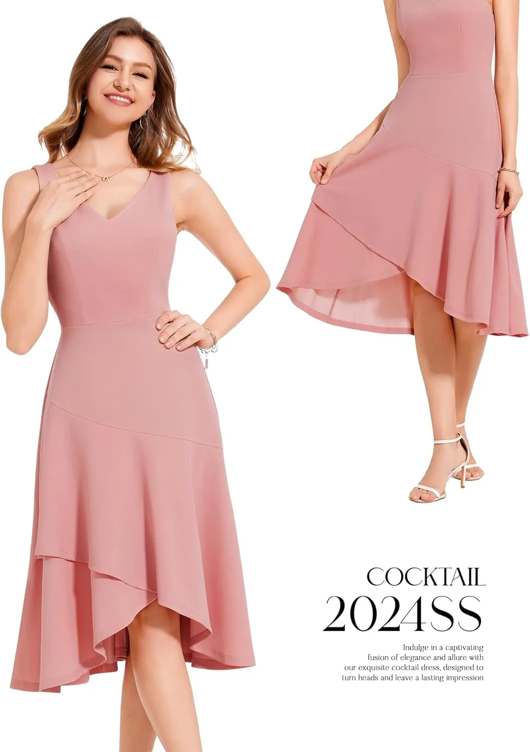Aupuls Women Midi Cocktail Dresses V Neck High Low Formal Party Evening Wedding Guest Dresses