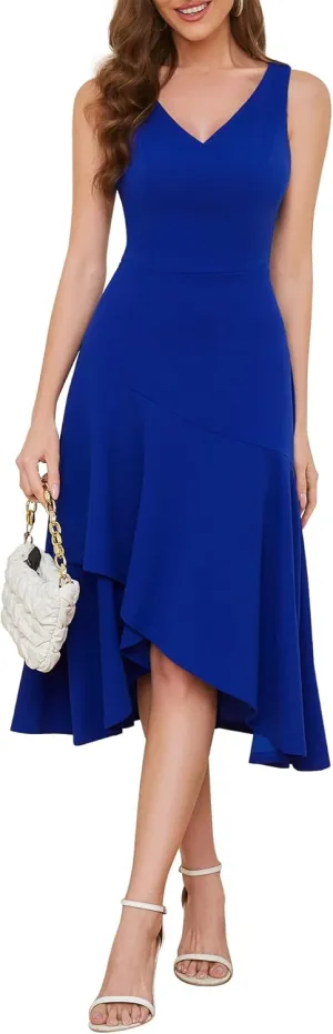 Aupuls Women Midi Cocktail Dresses V Neck High Low Formal Party Evening Wedding Guest Dresses