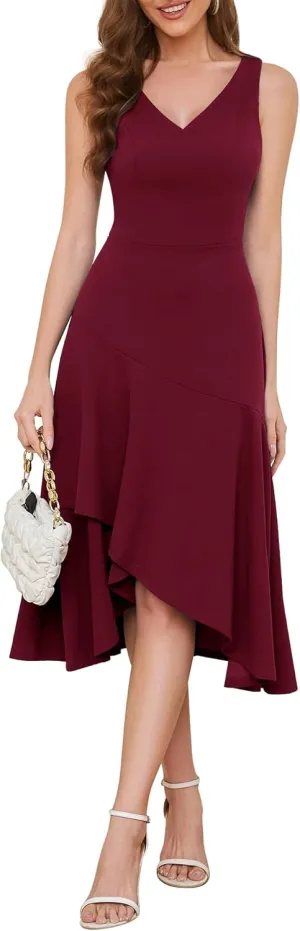 Aupuls Women Midi Cocktail Dresses V Neck High Low Formal Party Evening Wedding Guest Dresses