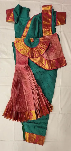 Bharatnatyam Dress | Green with Pink | Silk Cotton with Normal Border | Readymade Dance Costume