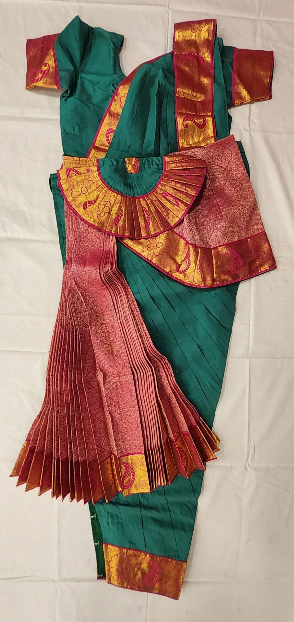 Bharatnatyam Dress | Green with Pink | Silk Cotton with Normal Border | Readymade Dance Costume