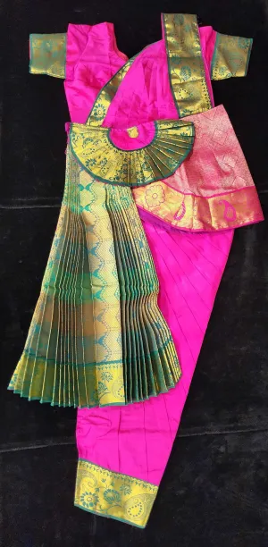 Bharatnatyam Dress | Pink with Green | Silk cotton with contrast Border | Readymade Dance Costume