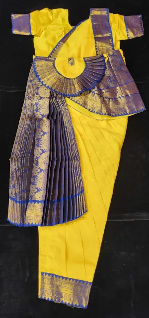 Bharatnatyam Dress | Yellow with Blue | Silk Cotton with Normal Border | Readymade Dance Costume