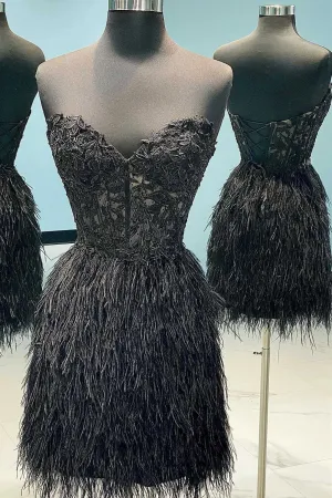 Black Appliques Strapless Feathered Cocktail Dress
