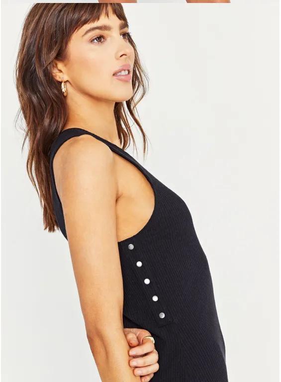 Black Ribbed Side Snap Sleeveless Dress