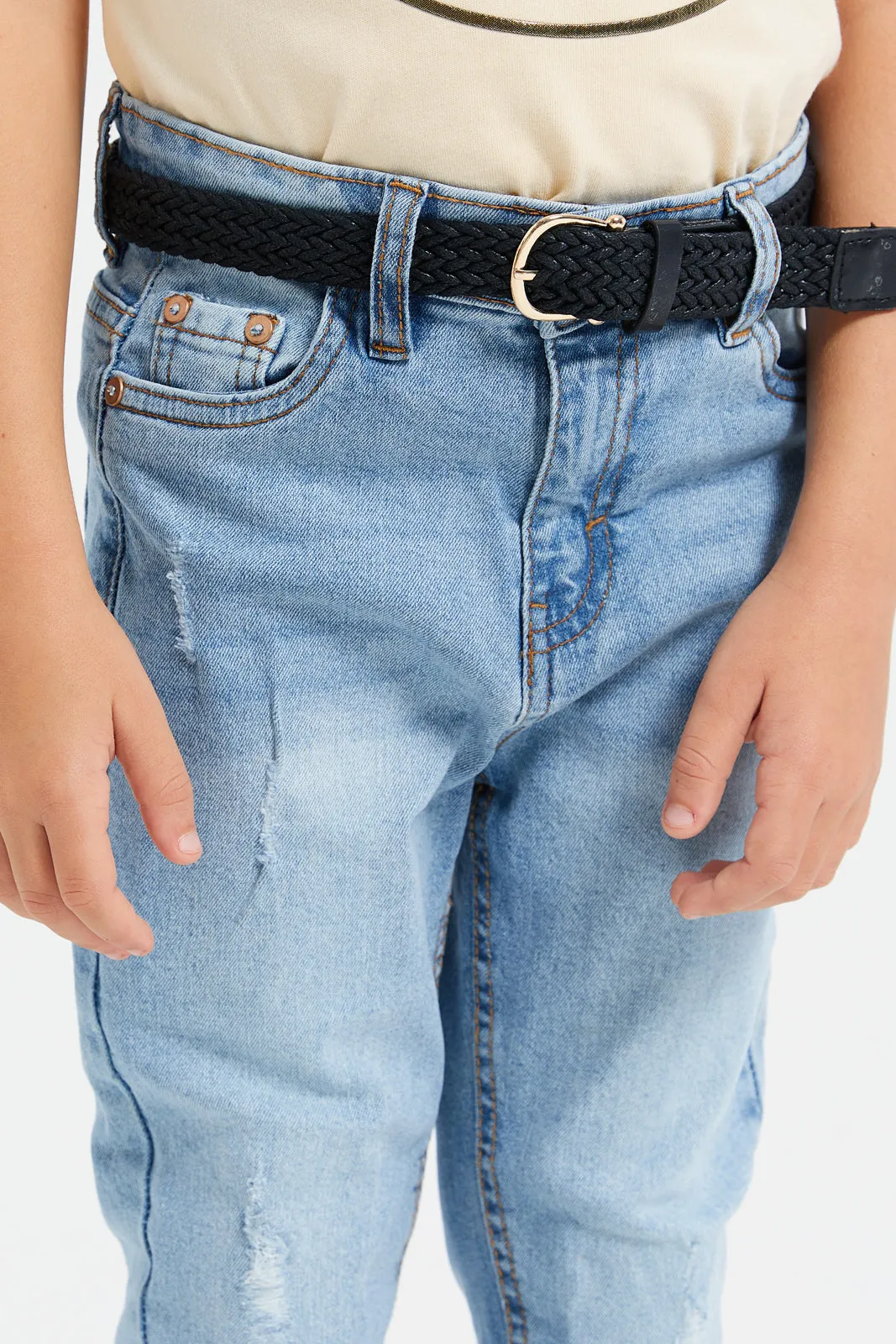 Boys Blue Belted Ripped Jeans