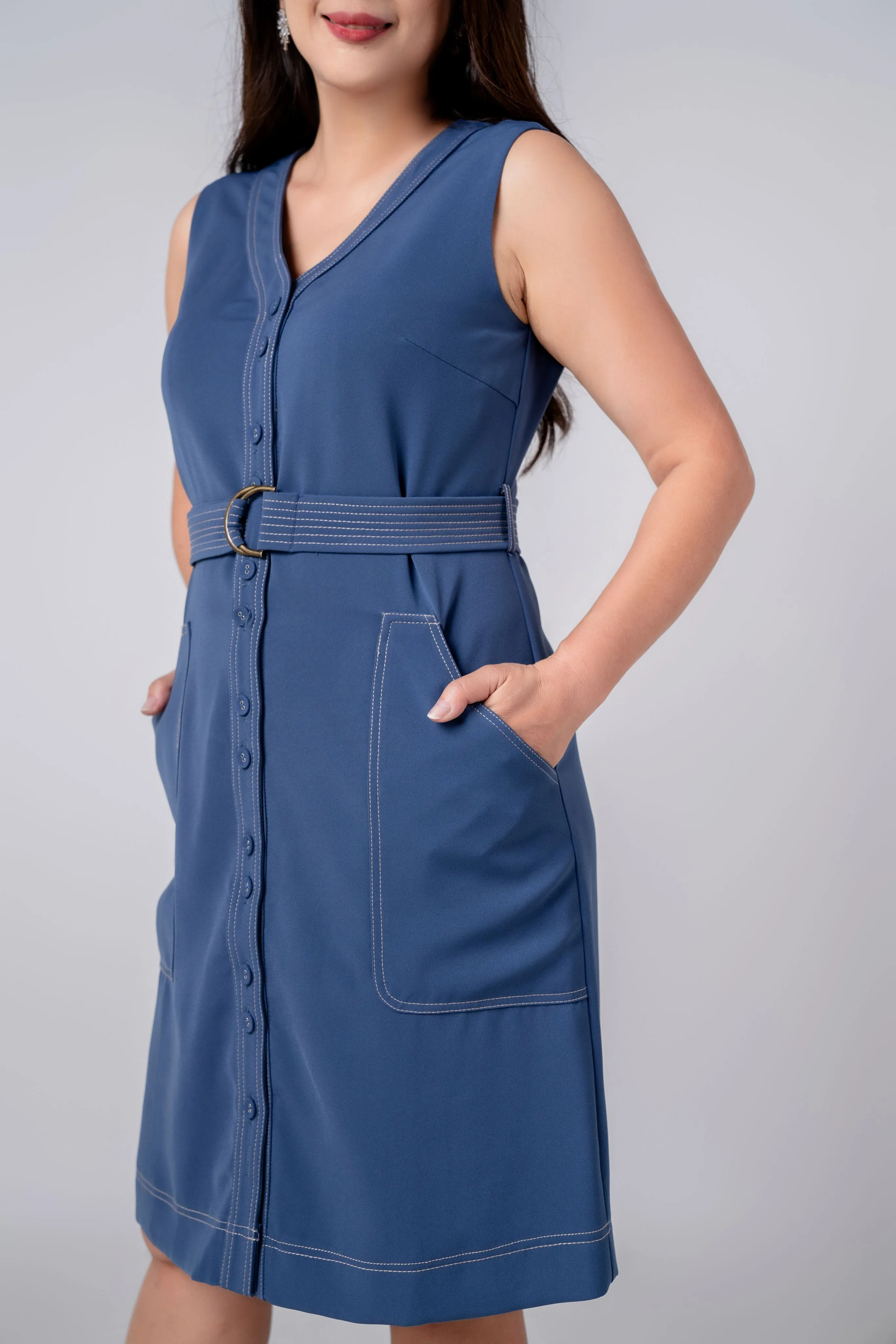 Button Down Sleeveless Dress With Pocket