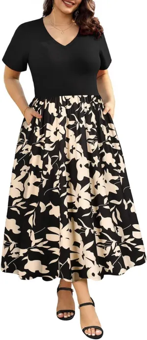 CARCOS Plus Size Dresses for Women Summer Short Sleeve V Neck Patchwork Dresseses XL-5XL