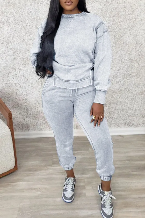 Casual Patchwork Long Sleeve Sweatshirt & Pants Set