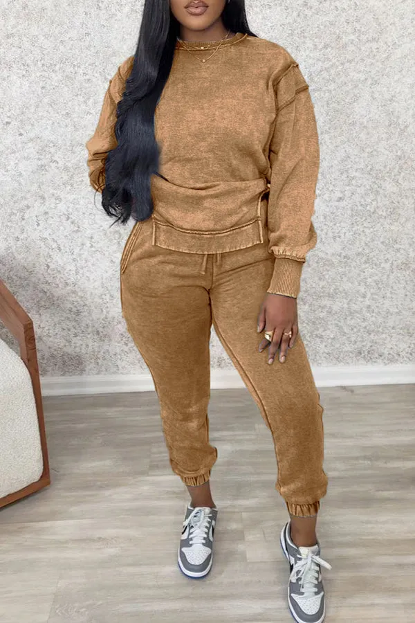 Casual Patchwork Long Sleeve Sweatshirt & Pants Set