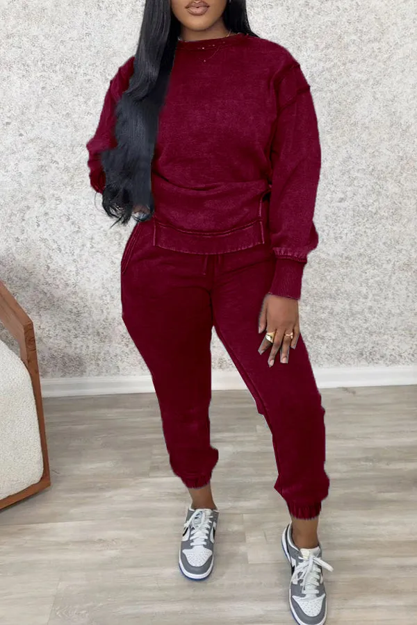 Casual Patchwork Long Sleeve Sweatshirt & Pants Set