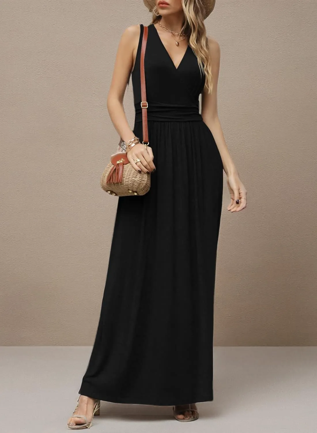 CATHY Women's Casual Sleeveless Deep V Neck Beach Waist Maxi Dresses with Pockets