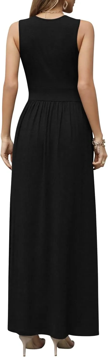 CATHY Women's Casual Sleeveless Deep V Neck Beach Waist Maxi Dresses with Pockets