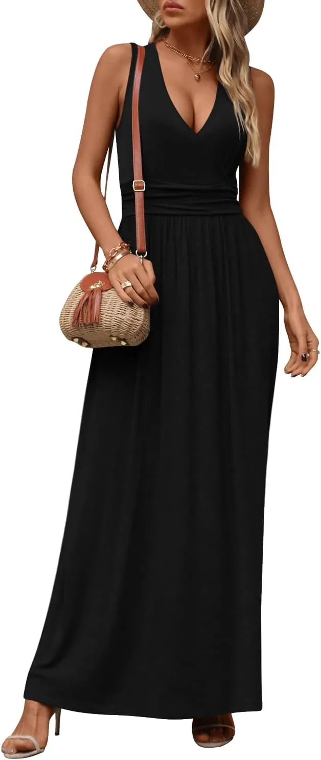 CATHY Women's Casual Sleeveless Deep V Neck Beach Waist Maxi Dresses with Pockets