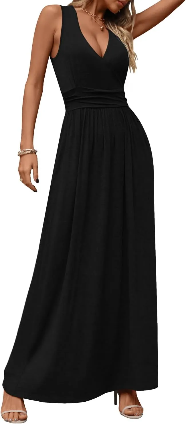 CATHY Women's Casual Sleeveless Deep V Neck Beach Waist Maxi Dresses with Pockets