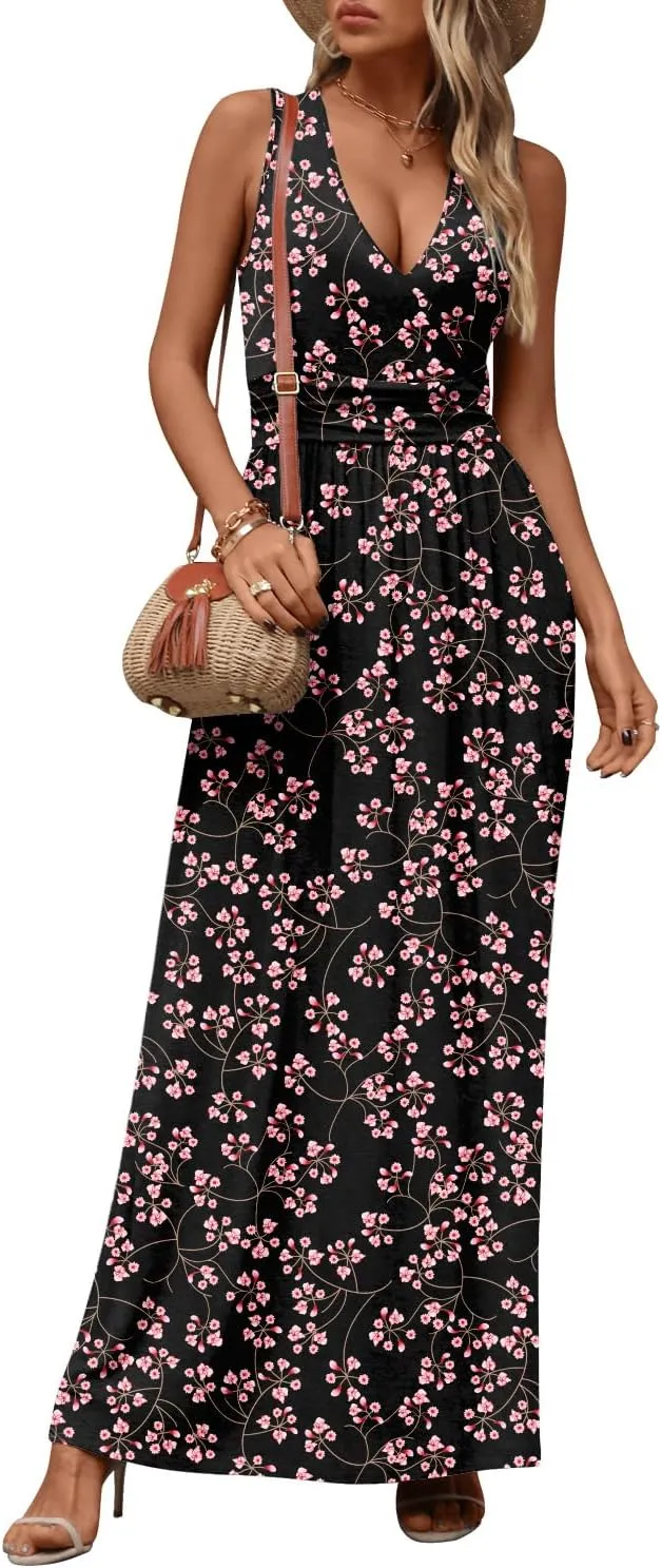 CATHY Women's Casual Sleeveless Deep V Neck Beach Waist Maxi Dresses with Pockets