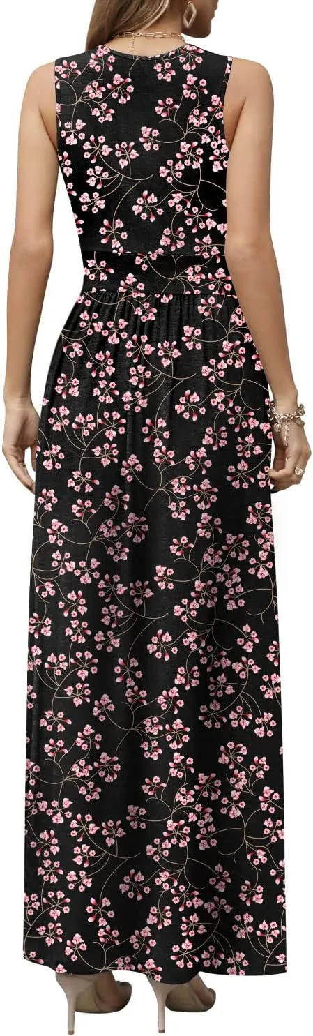 CATHY Women's Casual Sleeveless Deep V Neck Beach Waist Maxi Dresses with Pockets