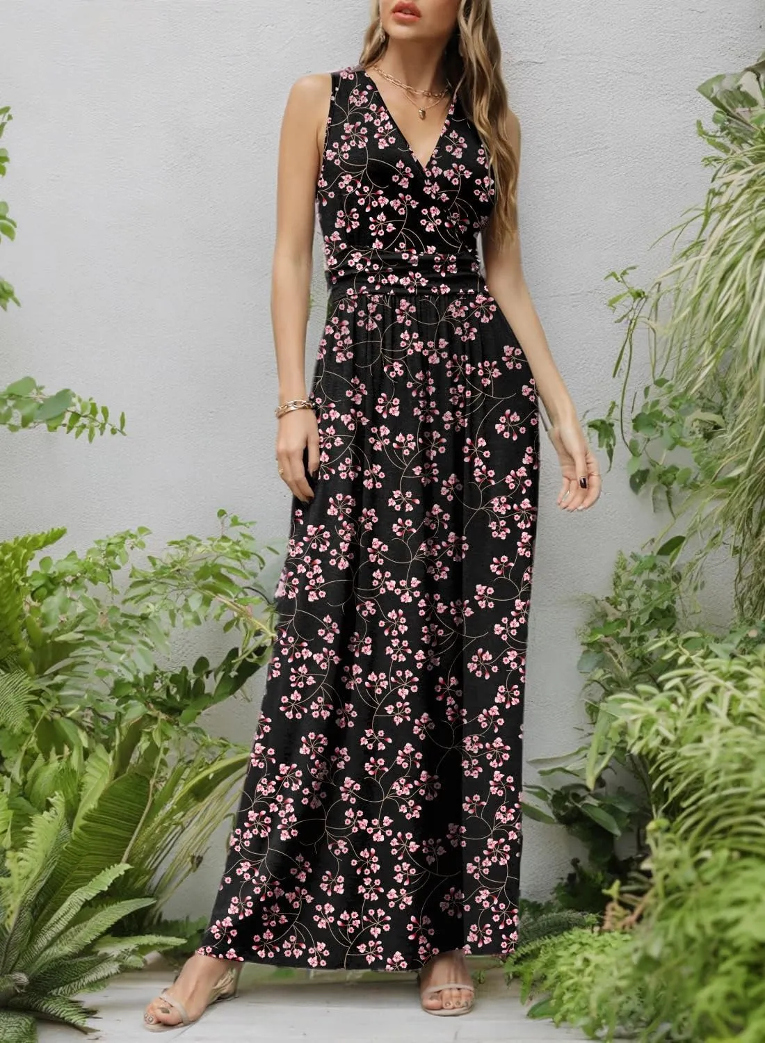 CATHY Women's Casual Sleeveless Deep V Neck Beach Waist Maxi Dresses with Pockets