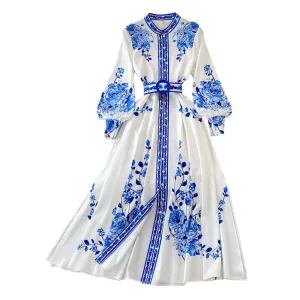 Chic Blue & White High-Waist A-Line Dress for Modern Women - Sizes S to 2XL