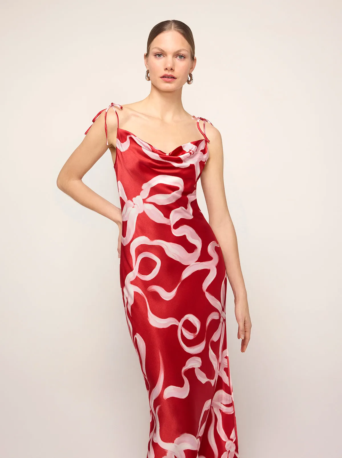 Cindy Red Ribbon Print Maxi Dress