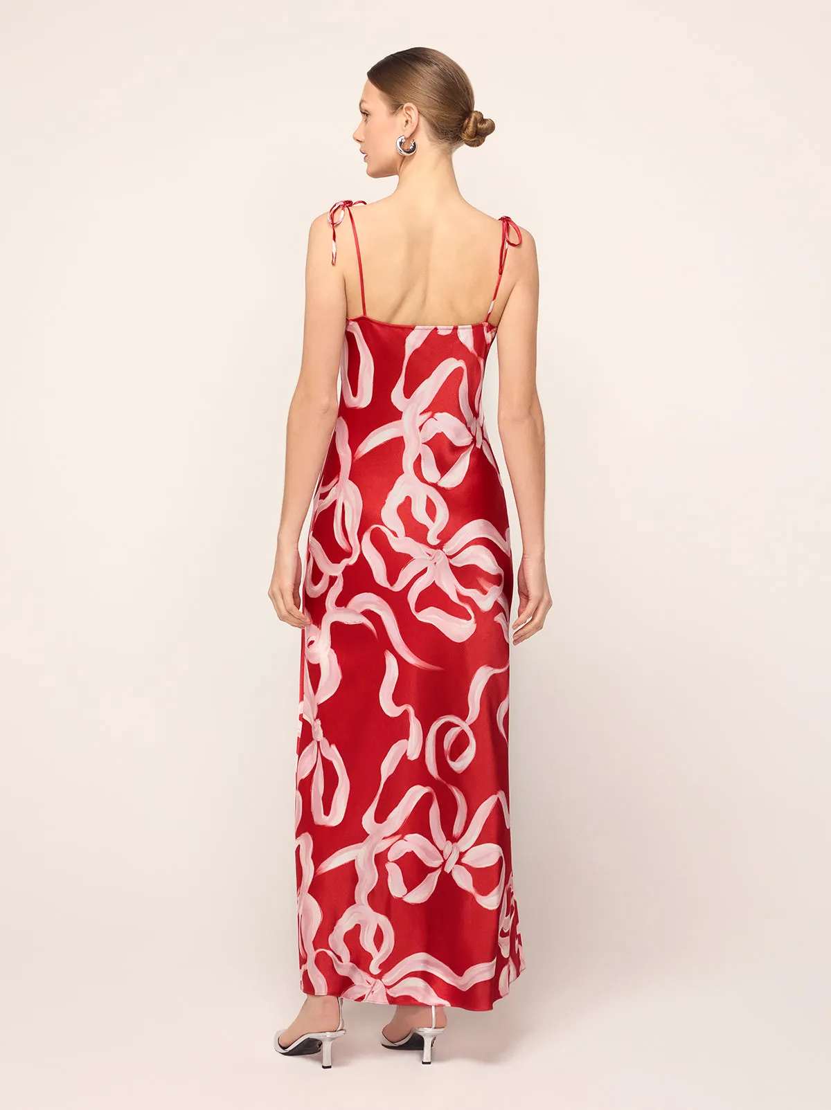 Cindy Red Ribbon Print Maxi Dress