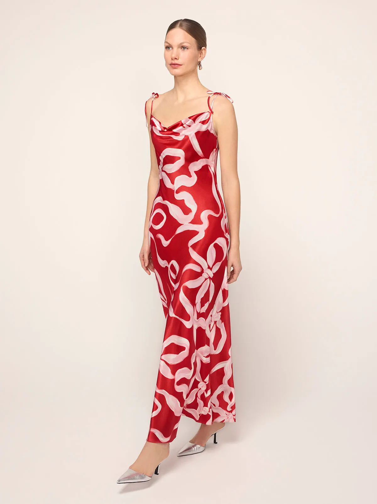 Cindy Red Ribbon Print Maxi Dress