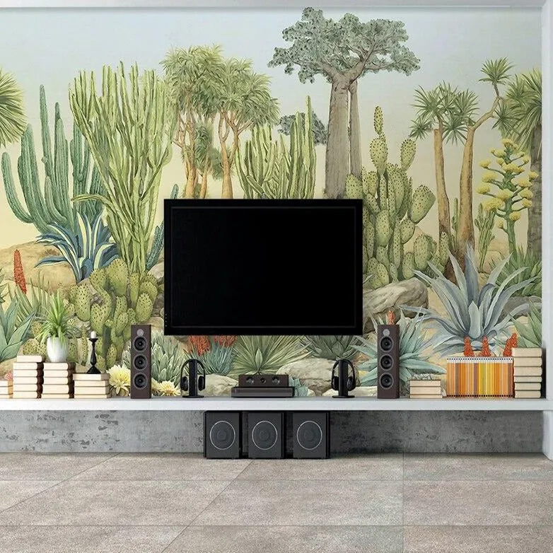 Custom Mural Wallpaper Cactus Tree Green Leaves (㎡)