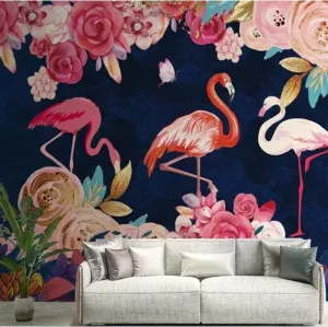 Custom Size Tropical Flowers Flamingo Wallpaper Mural (㎡)