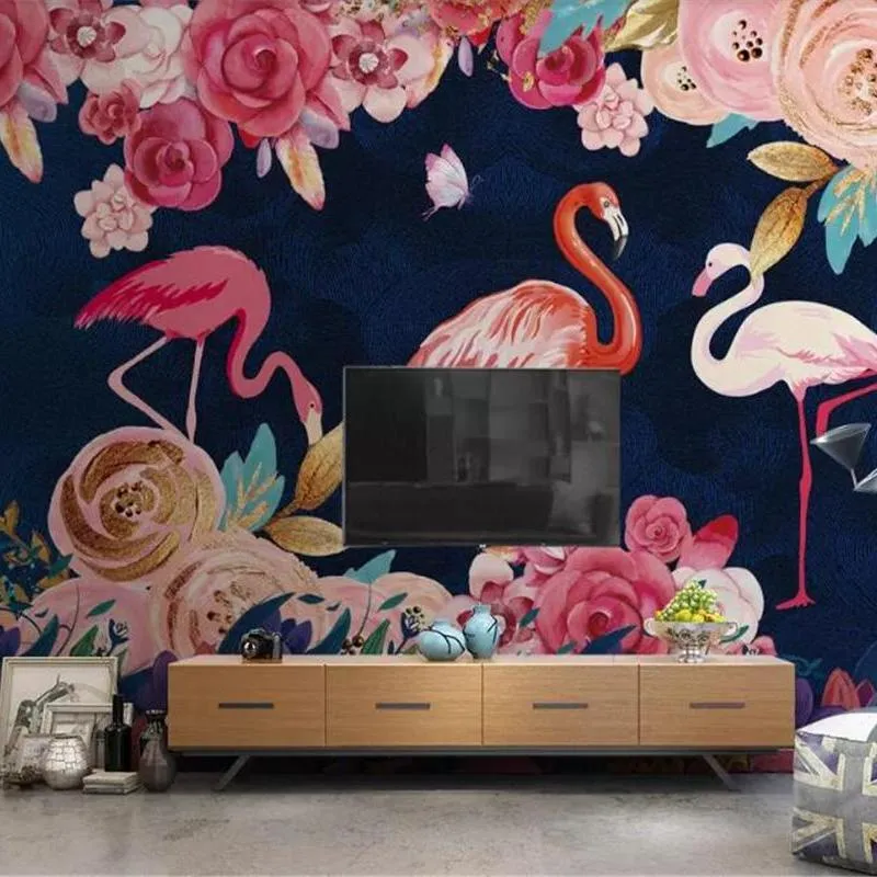 Custom Size Tropical Flowers Flamingo Wallpaper Mural (㎡)