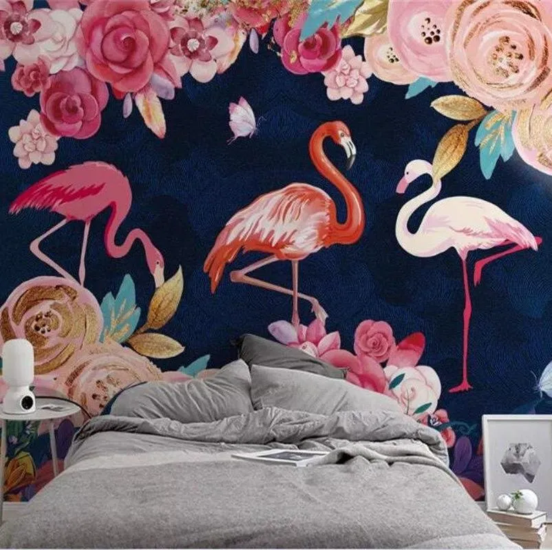 Custom Size Tropical Flowers Flamingo Wallpaper Mural (㎡)