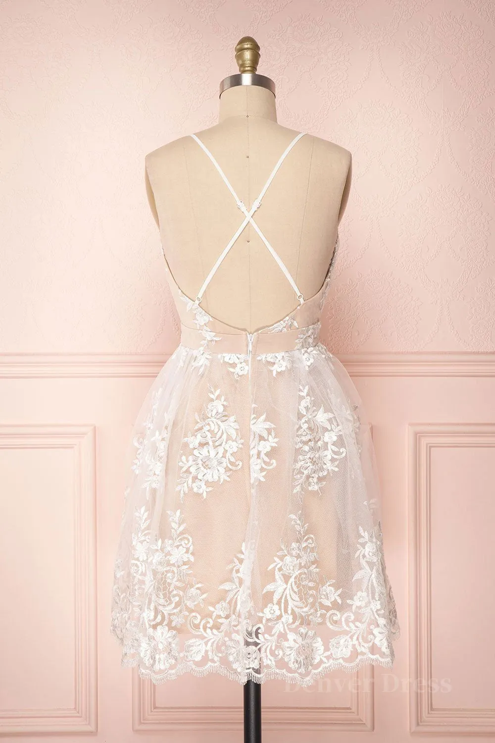 Cute V Neck Backless Pink Lace Appliques Short Prom Dress Pink Lace Formal Graduation Homecoming Dress